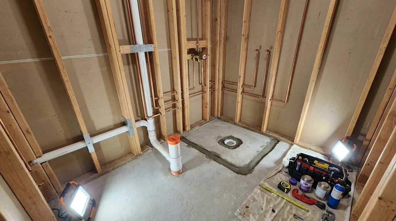 Bathroom rough-in plumbing during remodel by Johns Plumbing LLC in Burleson