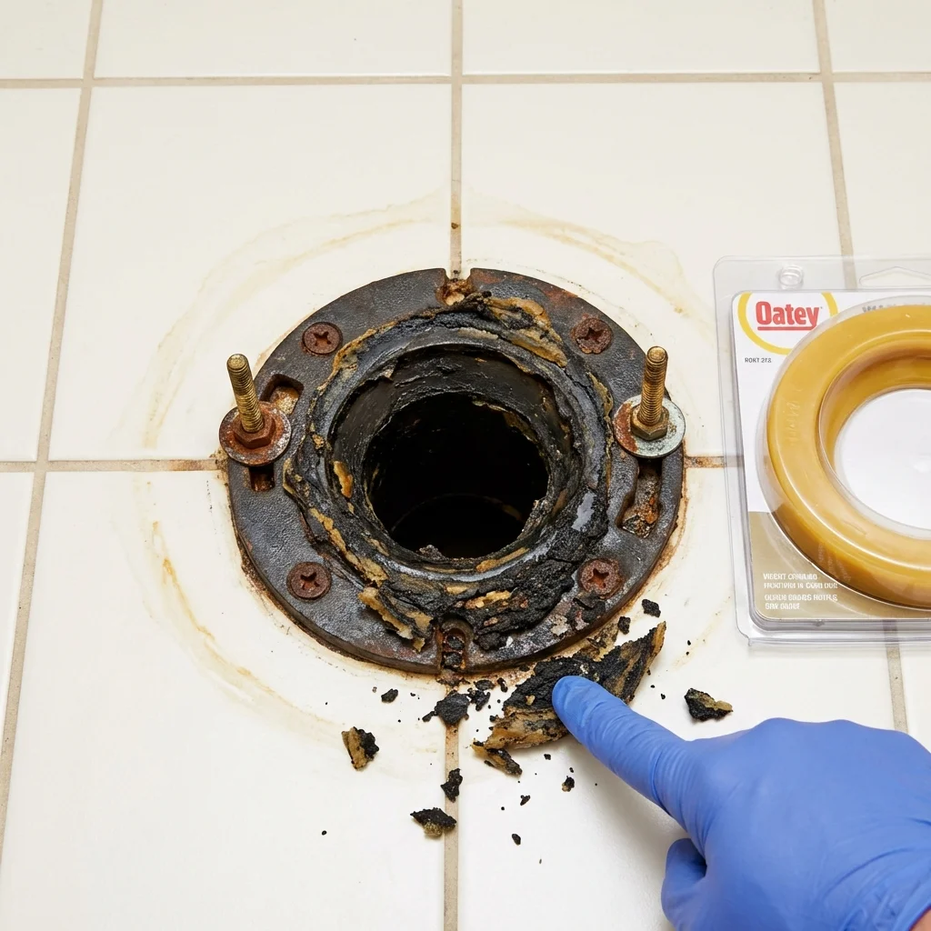 Failed wax ring showing water seepage at the base of a toilet in a Burleson, TX home