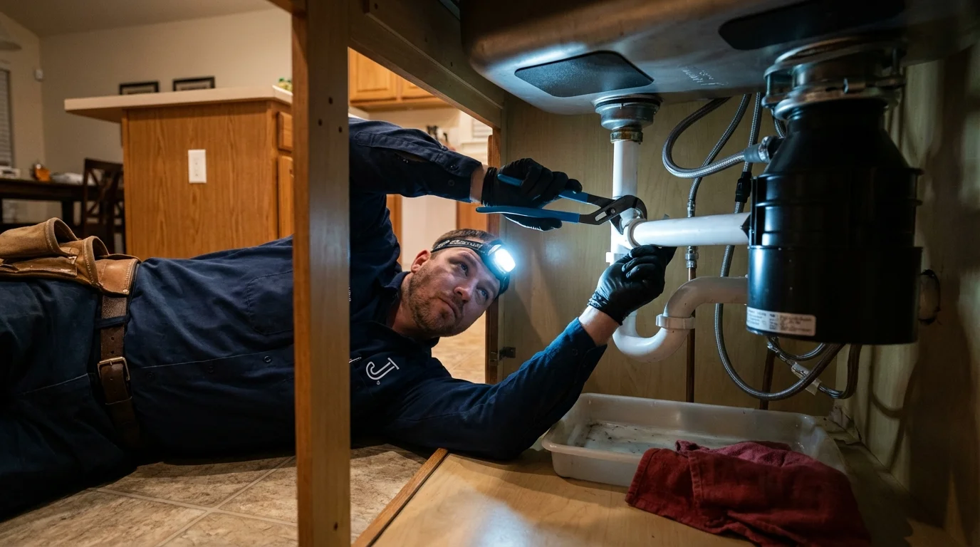 P-trap and supply line connections under a kitchen sink showing a common leak point in Burleson, TX